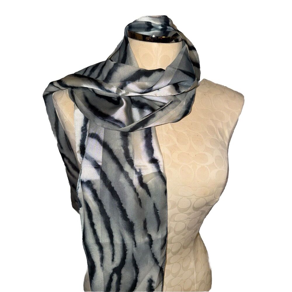 Vintage Symphony Scarf Made In Italy Animal Print Grey Black Silver 13x62”